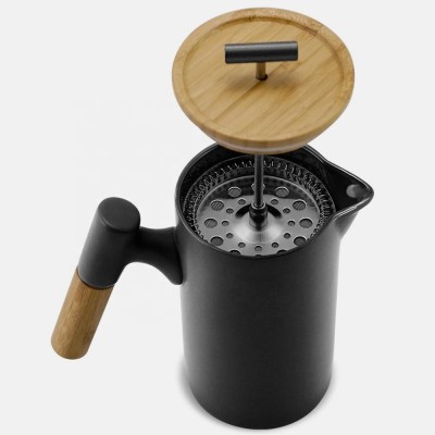 DHPO Trapezoid Matte Black Coffee French Press with Wooden Handle and Coffee Filter